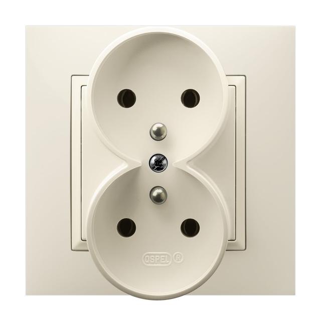 ARIA Gniazdo podwójne z uziemieniem z przesłonami torów prądowych, kompletne z ramką - kolor ecru