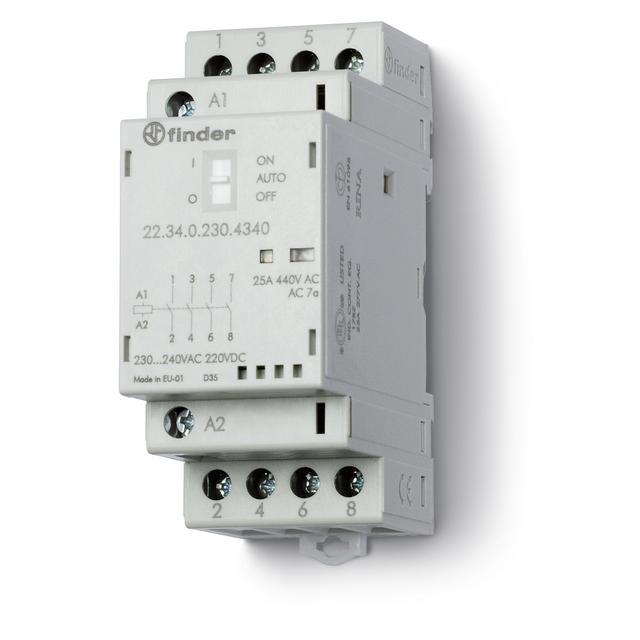 Stycznik modułowy 4 Z; 25A; 230V AC/DC; AUTO-ON-OFF + mech. wskaźnik zadziałania + LED, 22.34.0.230.