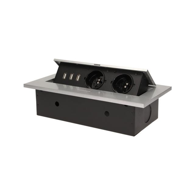 Gniazdo meblowe wpuszczane w blat z grubym rantem 2x2P+Z 3 porty USB srebrne OR-AE-1324/G ORNO
