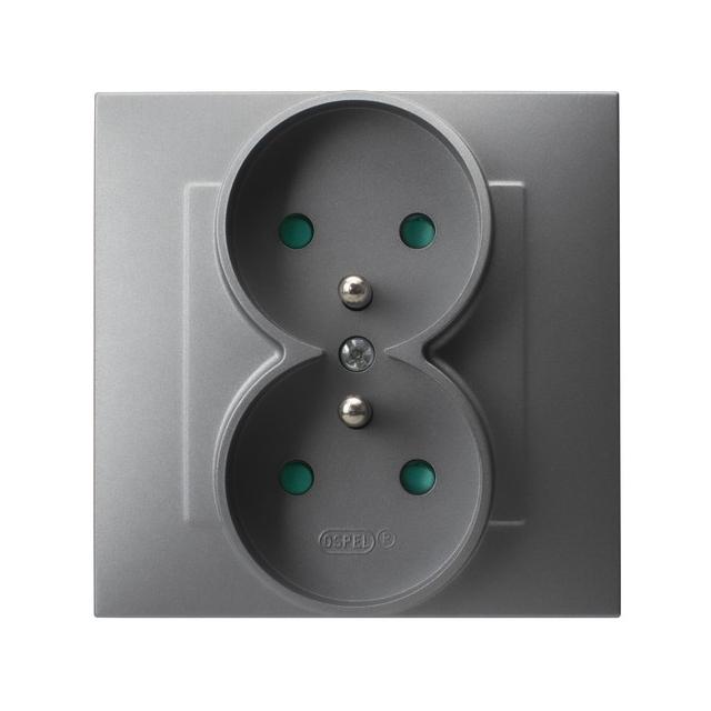 SZAFIR Gniazdo podwójne z uziemieniem z przesłonami torów prądowych, kompletne z ramką - kolor szary