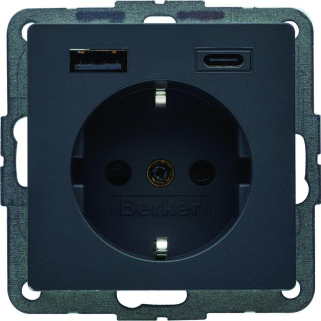 Q.x Gniazdo SCHUKO z gniazdem ładowania USB 2,4A samozacisk; antracyt aksamit 48146086 HAGER