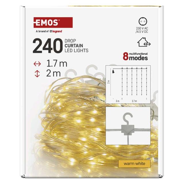 Lampki świąteczne 240 LED nano kurtyna 1,7x2m ciepła biel 8 programów IP44 D3EW01 EMOS
