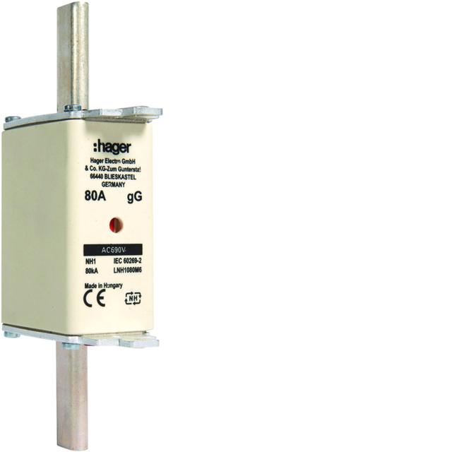 Wkładka bezp. nożowa NH1 wsk.podw. uchwyt nieiz. gG 80A 690 VAC LNH1080M6 HAGER