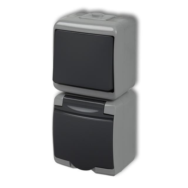 JUNIOR Łącznik jednobiegunowy z gniazdem pojedynczym z uziemieniem 2P+Z (klapka grafitowa; przesłony