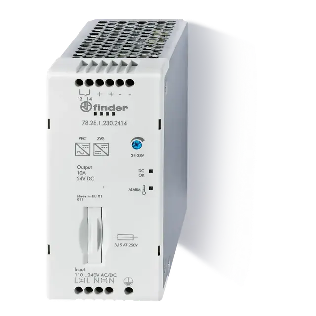 Zasilacz impulsowy 24V DC, 240W, bezpiecznik + regulator + zestyk alarmu wstępnego