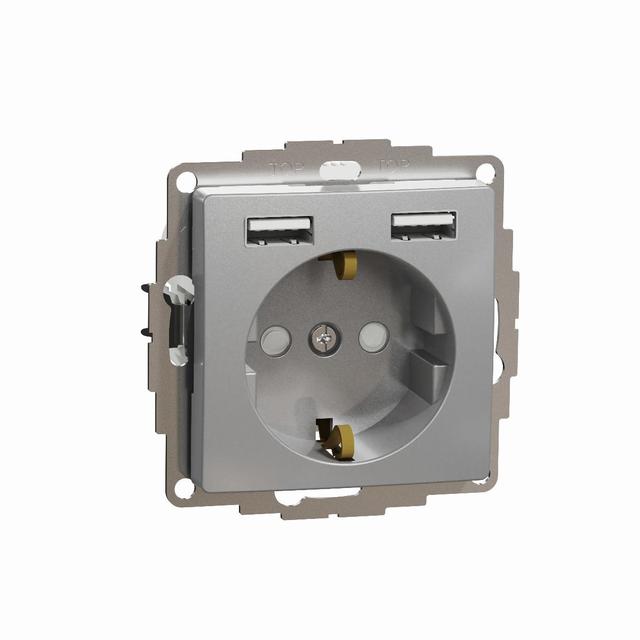 Sedna Design & Elements Gniazdo Schuko+podwójne ładowarka USB Typ A 2,4A srebrne aluminium  SDD113052 Schneider