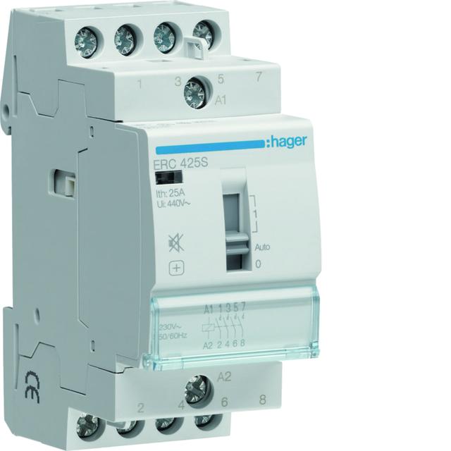 Stycznik modułowy cichy z możliwością sterowania ręcznego 230V AC 4Z 25A AC-7A B ERC425S HAGER