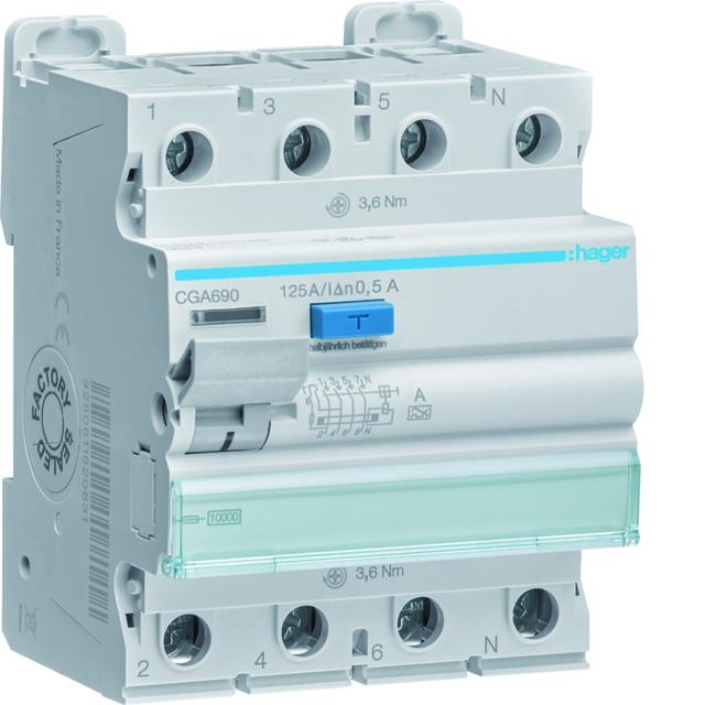 RCCB Wyłącznik różnicowoprądowy 3P+N 125A 500mA 10kA A CGA690 HAGER