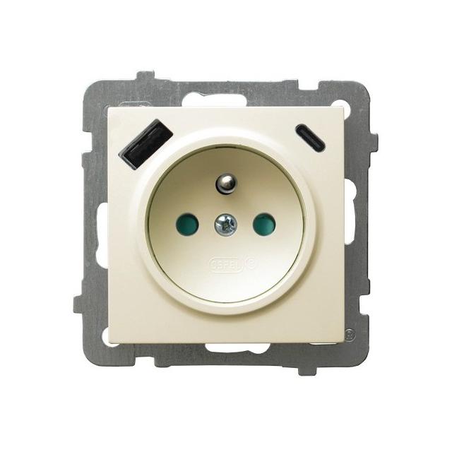 Gniazdo pojedyncze z uziemieniem z ładowarką A+C AS ECRU