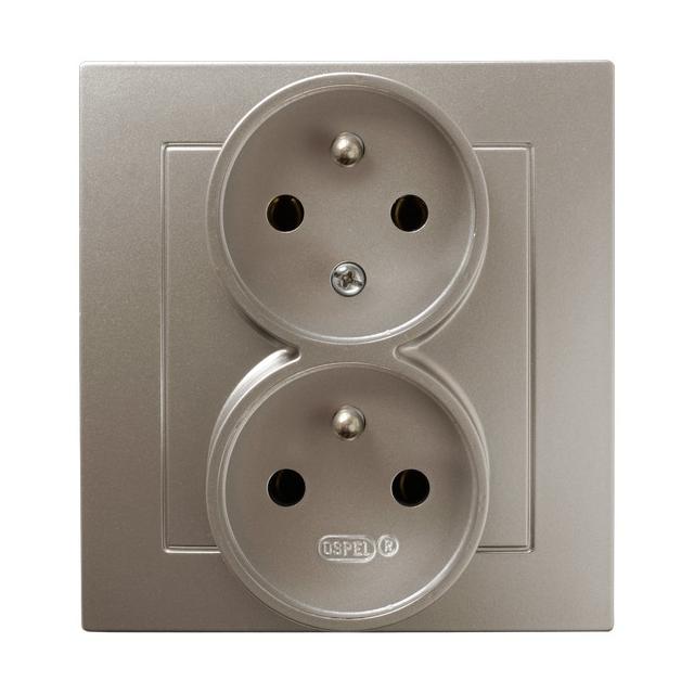 AS Gniazdo podwójne z uziemieniem z funkcją niezamienności faz, kompletne z ramką - kolor satyna lig