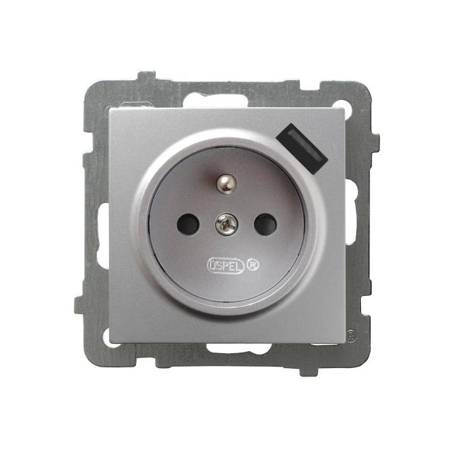 AS Gniazdo pojedyncze z uziemieniem z przesłonami torów prądowych, z ładowarką USB - kolor srebro