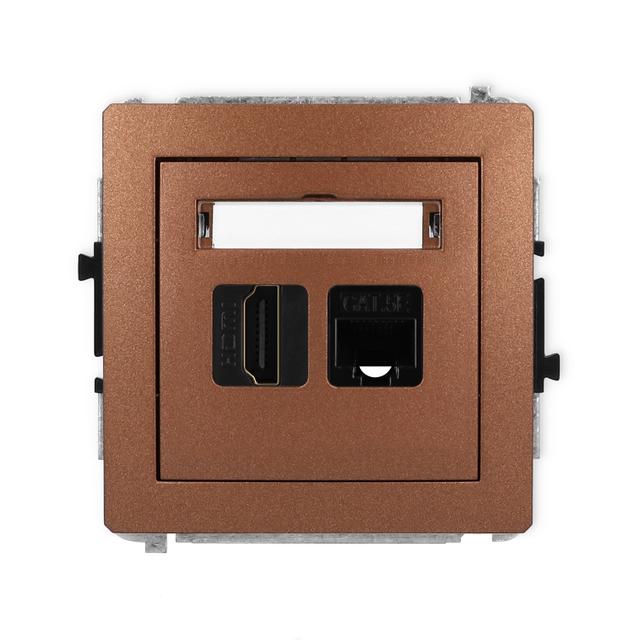 DECO Mechanizm gniazda pojedynczego HDMI 2.0 + gniazda komp. poj. 1xRJ45, kat. 5e, 8-stykowy brązowy