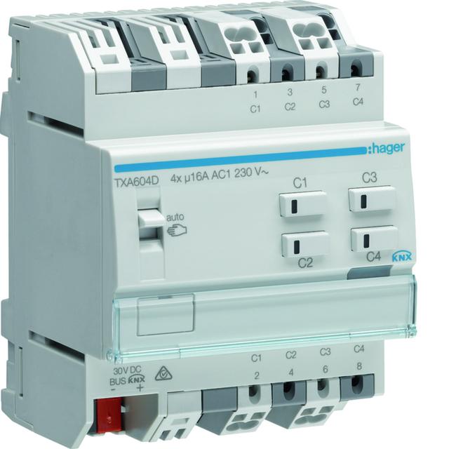 KNX e/s Sterownik załączający/żaluzjowy obciążenie pojemnościowe 16 A 4-/2-kr TXA604D HAGER