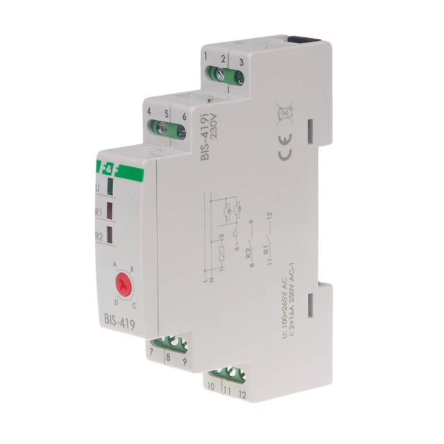 Przekaźnik bistabilny 4 funkcyjny DIN dwa obwody sterowania z przekaźnikiem inrush 160A/20ms BIS-419-LED F&F