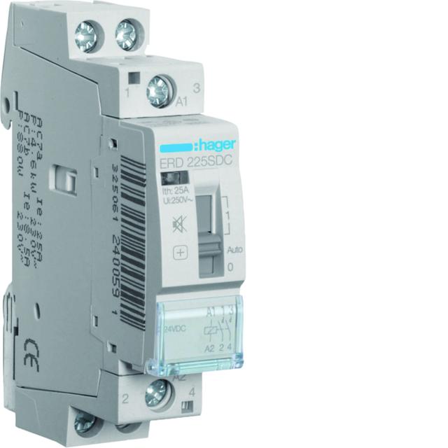 Stycznik modułowy cichy z możliwością sterowania ręcznego 24V DC 2Z 25A POLO ERD225SDC HAGER