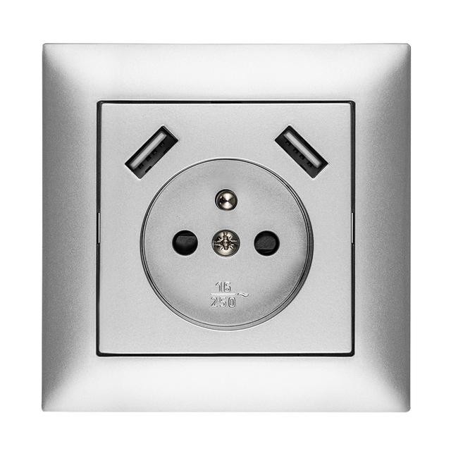 SENTIA Gniazdo poj. z/u  2P+Z 2xUSB IP 20 srebrne