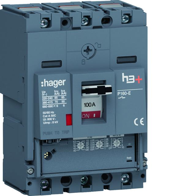 MCCB Wyłącznik mocy h3+ P160 3P 100A 70kA LSnI HES100GC HAGER