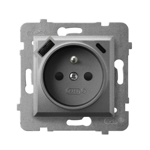 Gniazdo pojedyncze z uziemieniem z ładowarką A+C ARIA SZARY MAT