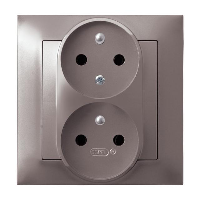 IMPRESJA Gniazdo podwójne z uziemieniem z funkcją niezamienności faz, kompletne z ramką - kolor tyta