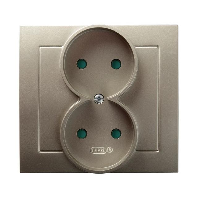 AS Gniazdo podwójne z przesłonami torów prądowych, kompletne z ramką - kolor satyna light