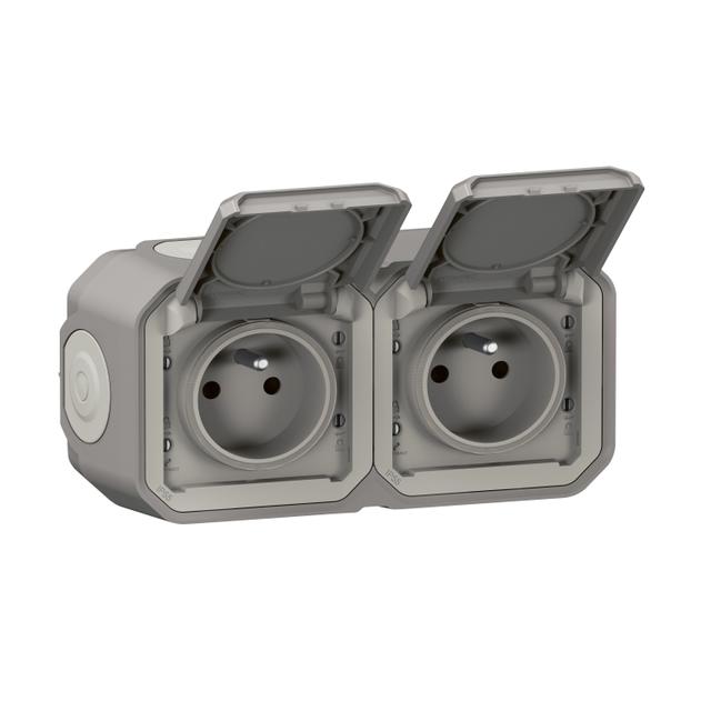 NOWE PLEXO - GNIAZDO 2X2P+Z POZIOME KOMPLET NATYNKOWY 16 A - 250 V~ SZARE