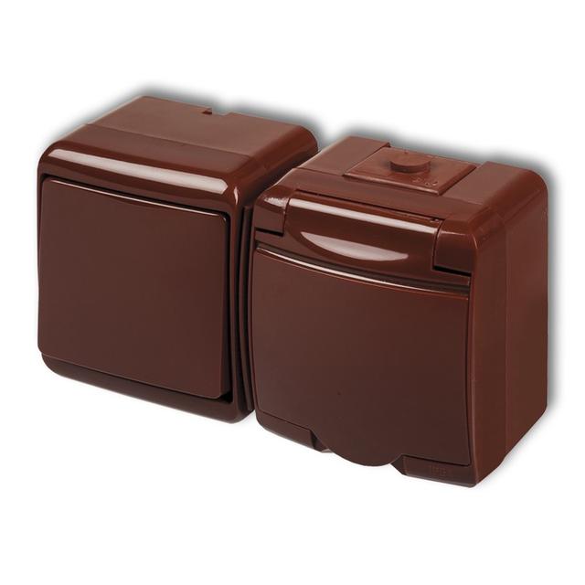 JUNIOR Łącznik jednobiegunowy z gniazdem pojedynczym z uziemieniem 2P+Z (klapka brązowa)