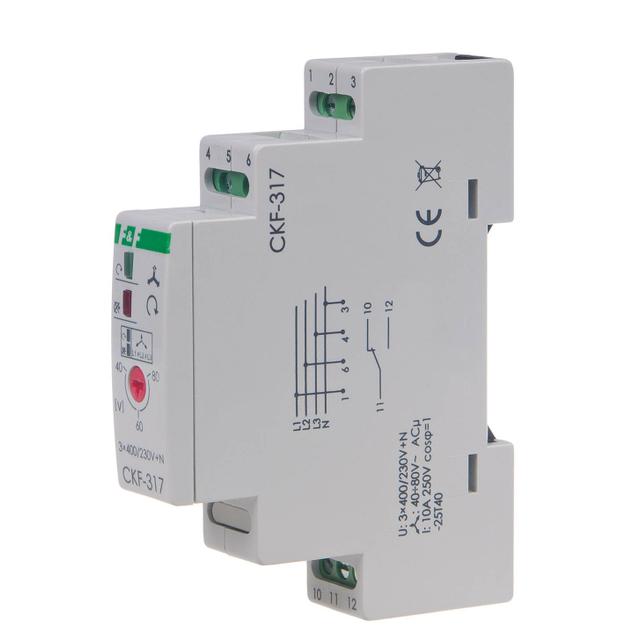 CZUJNIK KOLEJNOŚCI I ZANIKU FAZY, STYKI: 1P , I=10A; PRÓG REGULOWANY:165-180V, 1 MODUŁ