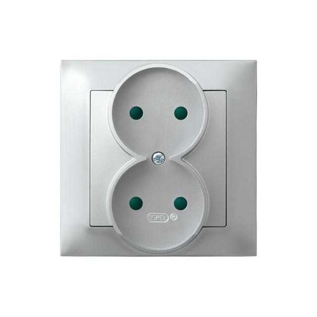 IMPRESJA Gniazdo podwójne z przesłonami torów prądowych, kompletne z ramką - kolor srebro