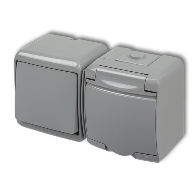 JUNIOR Łącznik jednobiegunowy z gniazdem pojedynczym z uziemieniem 2P+Z (klapka popielata; bez przes