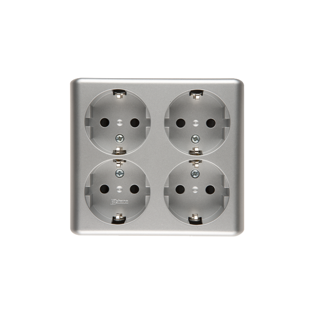 Simon 54 Gniazdo poczwórne Schuko n/t z przesłonami wersja skandynawska 16A z. śrub. srebrny mat