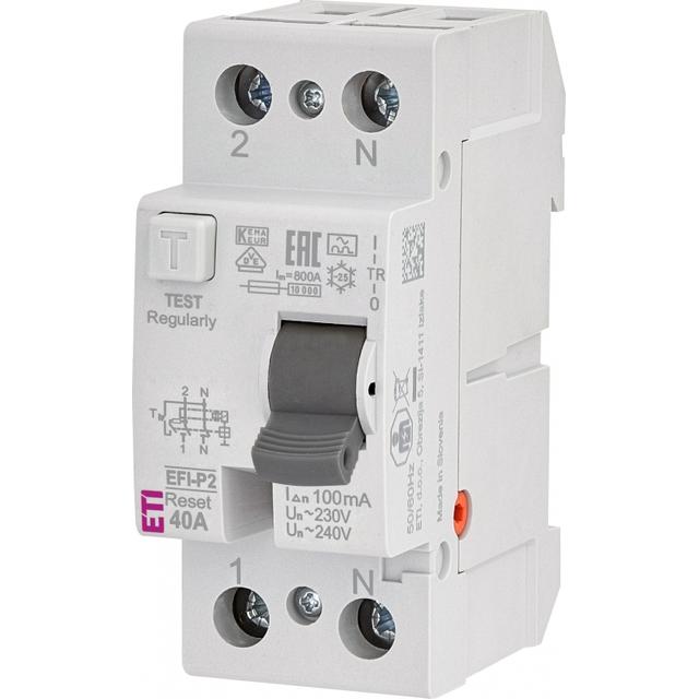 Wyłącznik różnicowoprądowy - z funkcją Reset EFI-P2R A 40/0.1 1P+N 40A 100mA Typ A 002061472 ETI