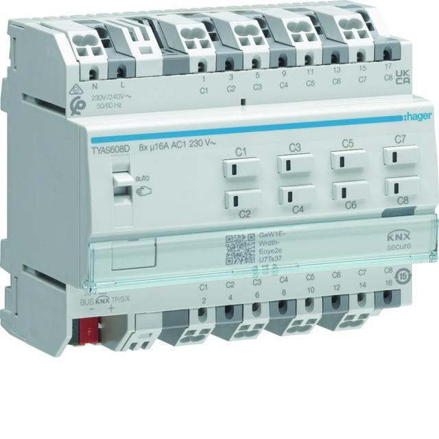 KNX e/s Sterownik załączający / żaluzjowy 16 A, 8-/4-kr, KNX secure TYAS608D HAGER
