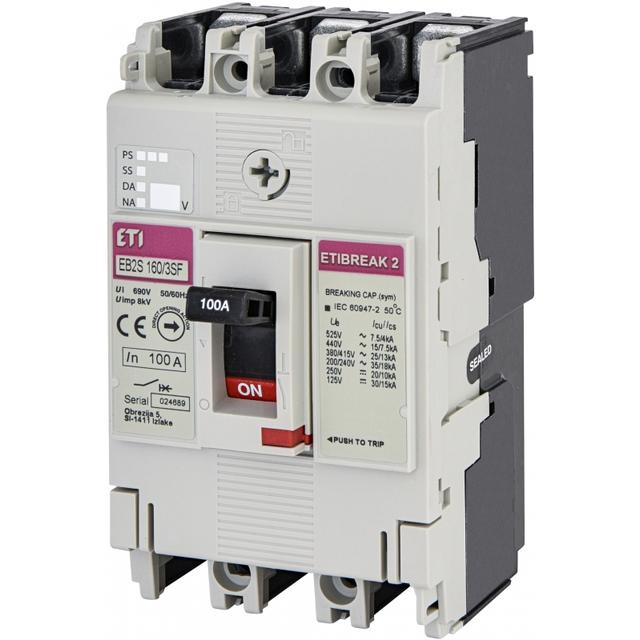 Wyłącznik mocy 3P 25kA wyzw. TM (bez regulacji) EB2S 160/3SF 100A 3P 004671835 ETI