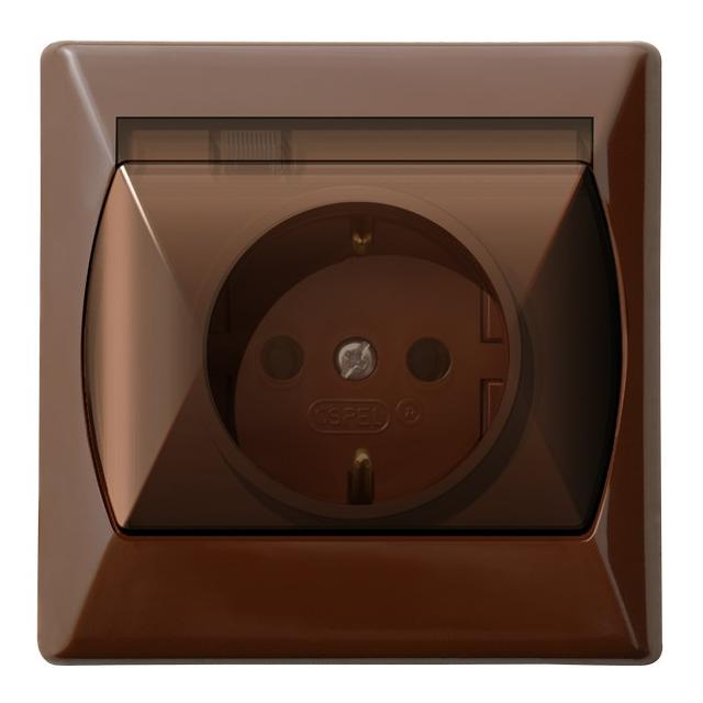 AKCENT Gniazdo bryzgoszczelne z uziemieniem schuko IP-44 wieczko przezroczyste - kolor brązowy