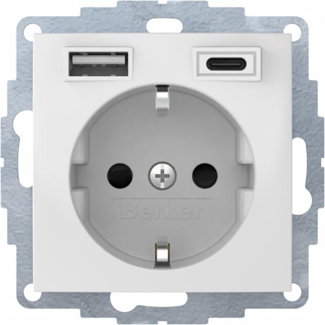 B.x Gniazdo SCHUKO z ładowarką USB A+C 2.4/3.0 A; samozaciski biały połysk 48048989 HAGER