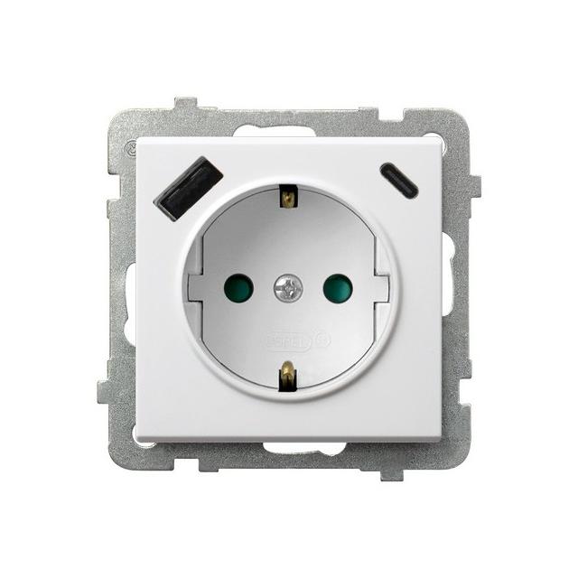 SONATA Gniazdo pojedyncze z uziemieniem schuko z przesłonami torów prądowych z ładowarką USB A+C kolor biały GP-1RSPUSBAC/m/00 OSPEL