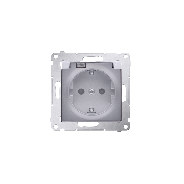 Simon 54 Gniazdo Schuko IP44 z przesłonami z uszczelką ramki 16A z. śrub. klapka transp. srebrny mat