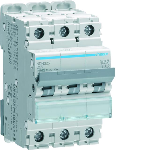 MCB Wyłącznik nadprądowy 10kA/15kA 3P D 25A NDN325 HAGER