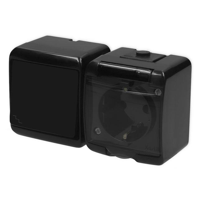 JUNIOR Łącznik schodowyz gniazdem pojedynczym z uziemieniem SCHUKO 2P+Z (klapka dymna; przesłony tor