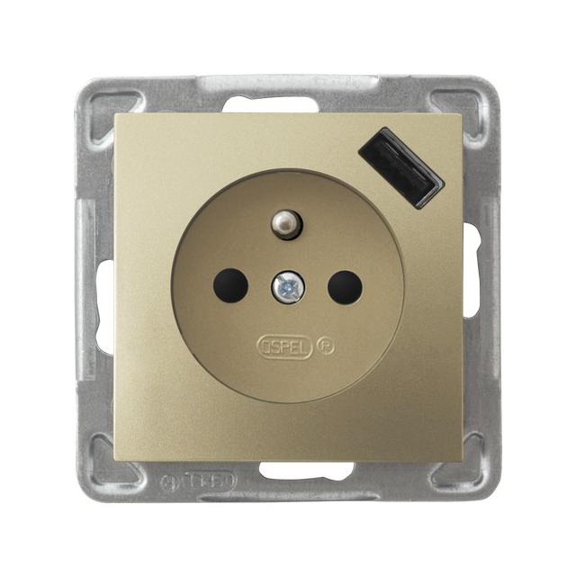 IMPRESJA Gniazdo pojedyncze z uziemieniem z przesłonami torów prądowych z ładowarką USB kolor złoty metalik GP-1YZPUSB/m/28 OSPEL