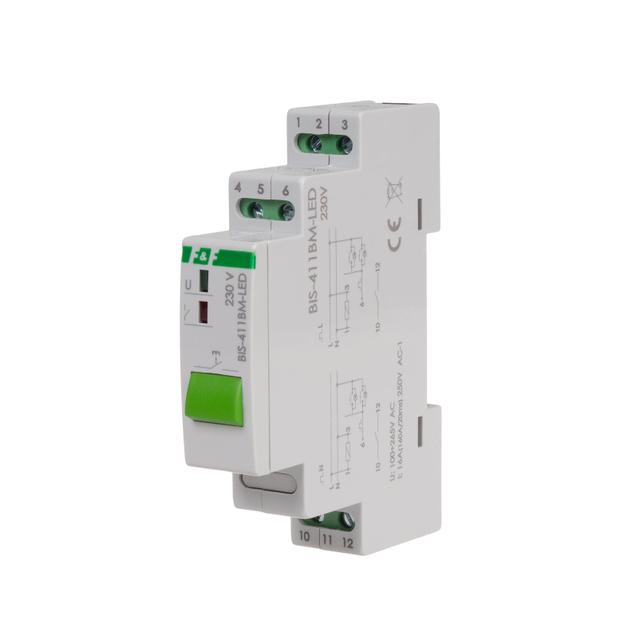 Przekaźnik bistabilny z przyciskiem do sterowania ręcznego pamięcią montaż na szynie DIN 230V z przekaźnikiem inrush 160A/20ms BIS-411BM-LED F&F