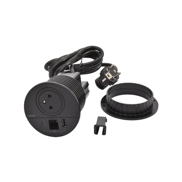 INCARA: DISQ 80 - 2P+Z / USB A+C / WYJŚCIE KABLOWE - 2,0 M-CZARNY, Legrand