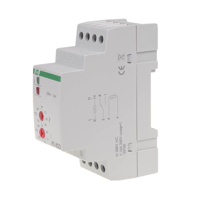 Regulator temperatury - zakres temperatur 60-95stC - bez sondy montaz na szynie DIN styk: 1Z/R 230V AC RT-823B F&F