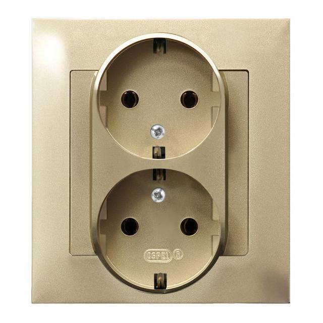 IMPRESJA Gniazdo podwójne z uziemieniem schuko kompletne z ramką - kolor złoty metalik