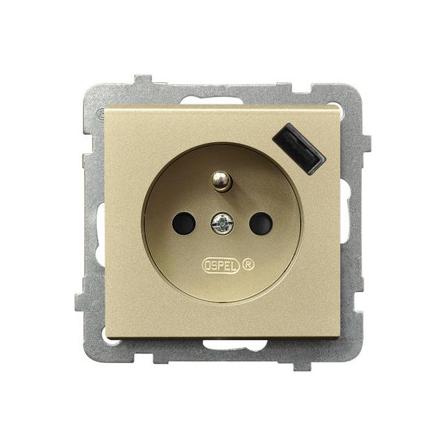 SONATA Gniazdo pojedyncze z uziemieniem z przesłonami torów prądowych, z ładowarką USB - kolor szamp