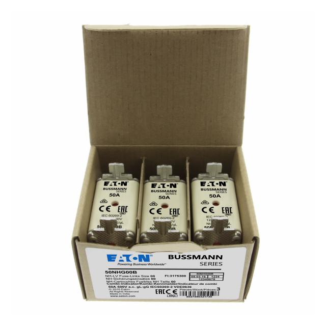BUSSMANN 50A 500V NH00 GG Wkładka NH00 50A 500V GL/GG podwójny wskaźnik 50NHG00B EATON