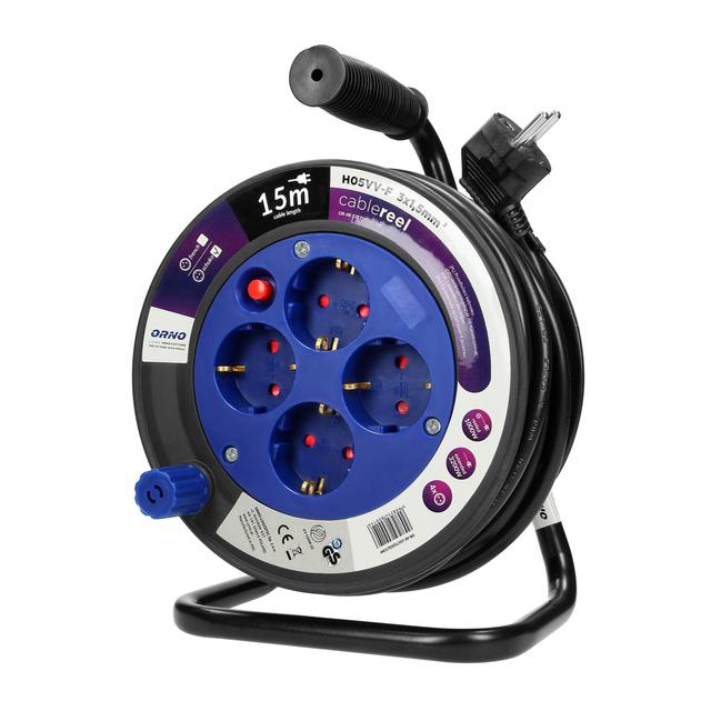 Przedłużacz bębnowy MINI 4 gniazda (Schuko) metalowy stojak polwinit H05VV-F 3x1.5mm2 - 15m OR-AE-13