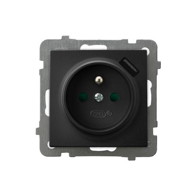 AS Gniazdo pojedyncze z uziemieniem z przesłonami torów prądowych, z ładowarką USB - kolor czarny me