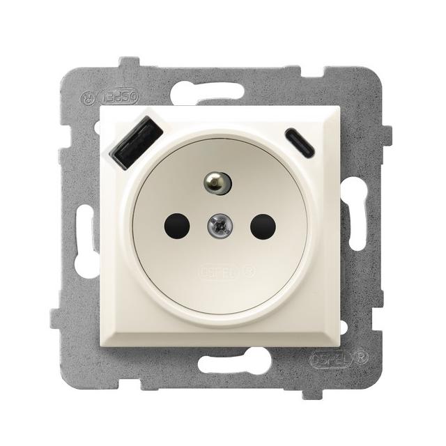 Gniazdo pojedyncze z uziemieniem z ładowarką A+C ARIA ECRU