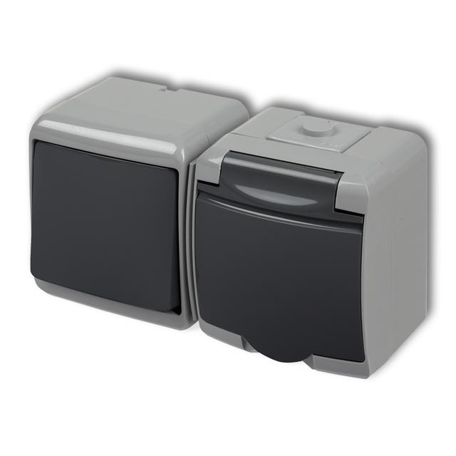 JUNIOR Łącznik jednobiegunowy z gniazdem pojedynczym z uziemieniem 2P+Z (klapka grafitowa; przesłony